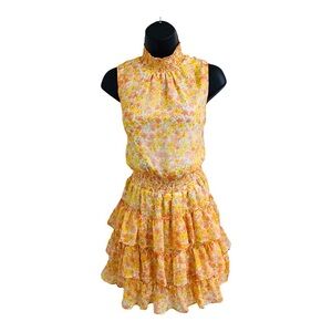 1.State‎ yellow floral smock neck & waist tiered ruffled skirt dress size large